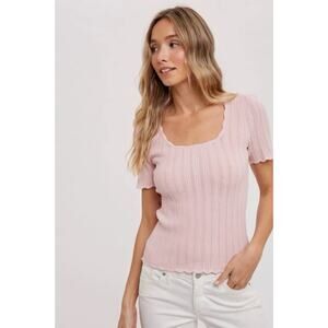 NEW BOHME Pink Pointelle Knit Short Sleeve Sweater Size Small Square Neck